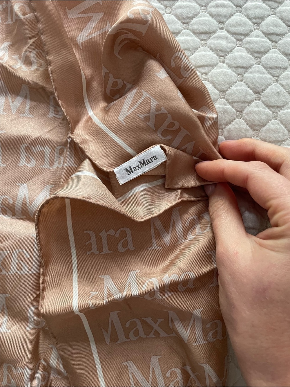MaxMara Beige Logo-Print Silk Scarf